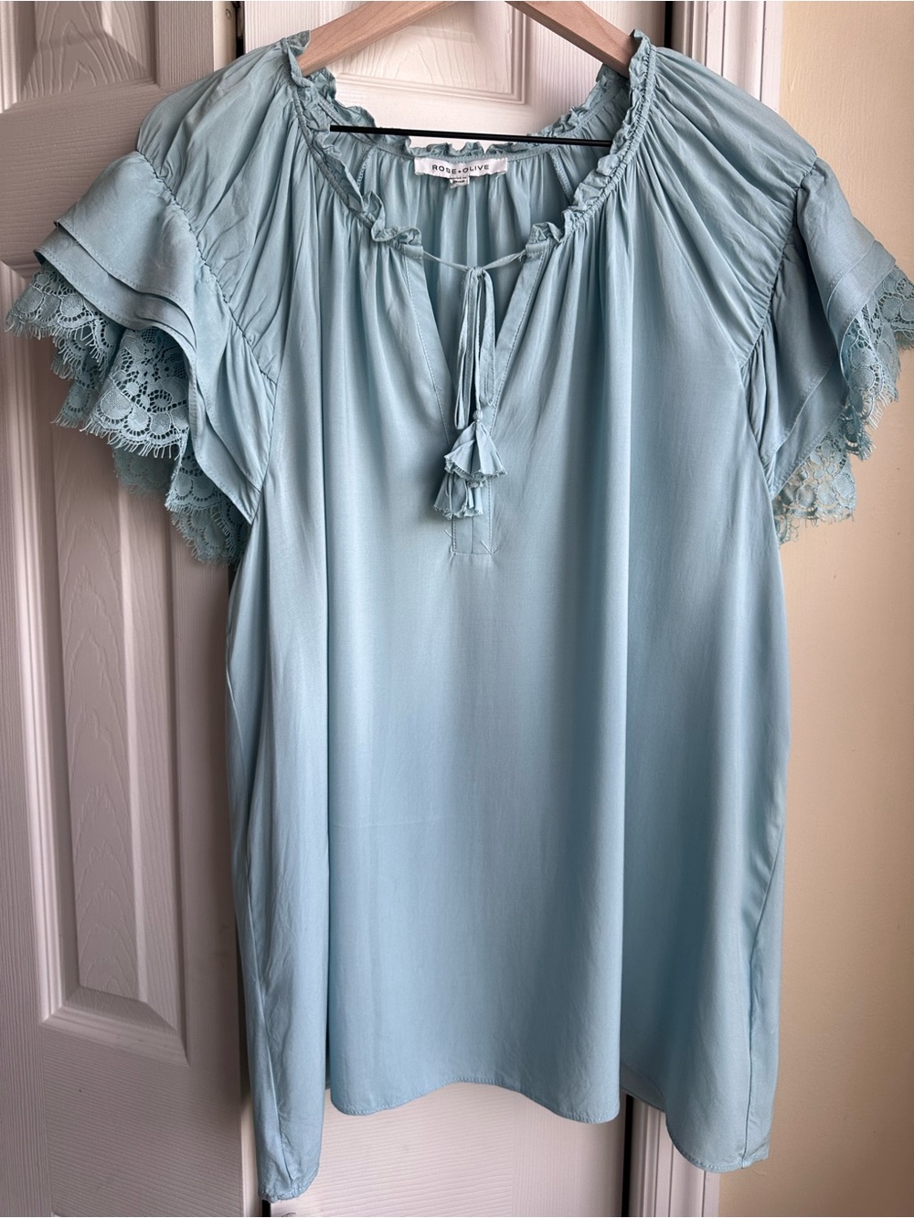 Rose + Olive Light Tranquil Blue Tassel Peasant Blouse with Lace Sleeves
